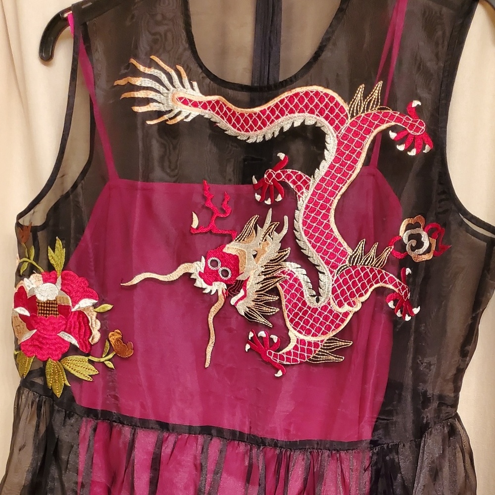 Asos majestic mesh dragon dress with pink slip.